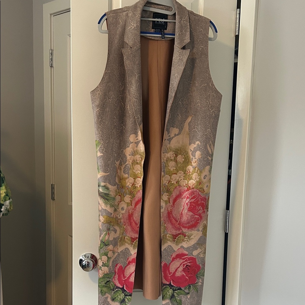 Sleeveless Taupe Floral Long Vest with Pink Rose Detail
